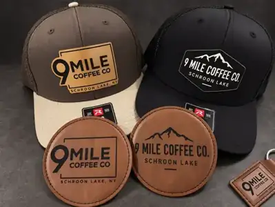 9 Mile Coffee Co coordinated patch hats and engraved coasters