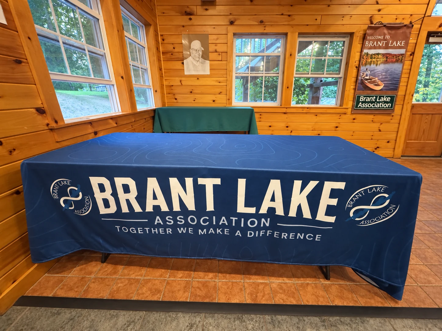 Brant Lake Association branded navy event table cover