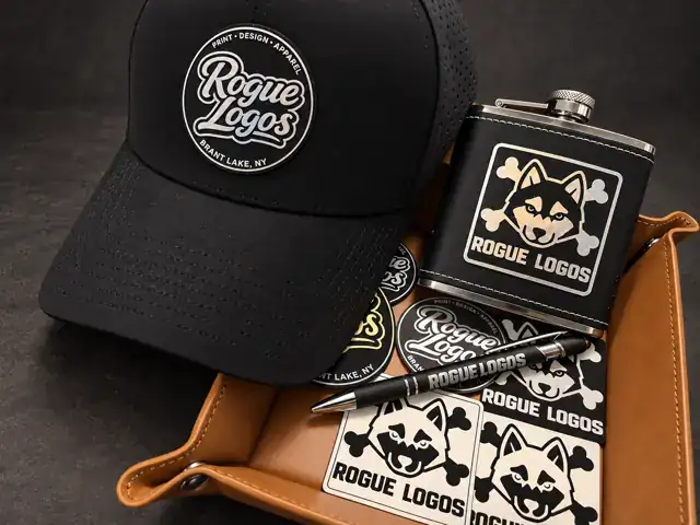 Rogue Logos cap, engraved flask, pen, and branded merchandise