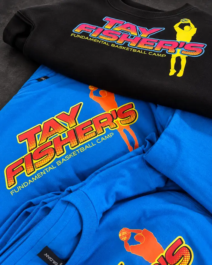 Black and blue Tay Fisher basketball camp sweatshirts with colorful printed artwork