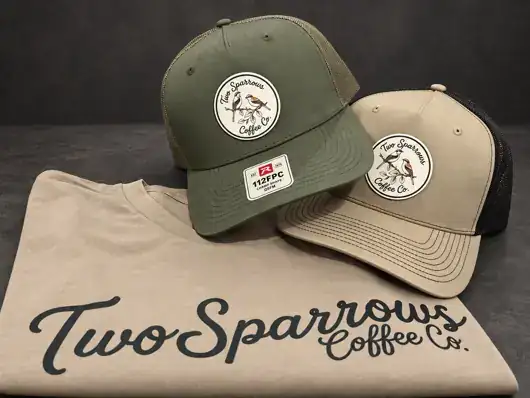 Two Sparrows Coffee Co shirt and patch hats