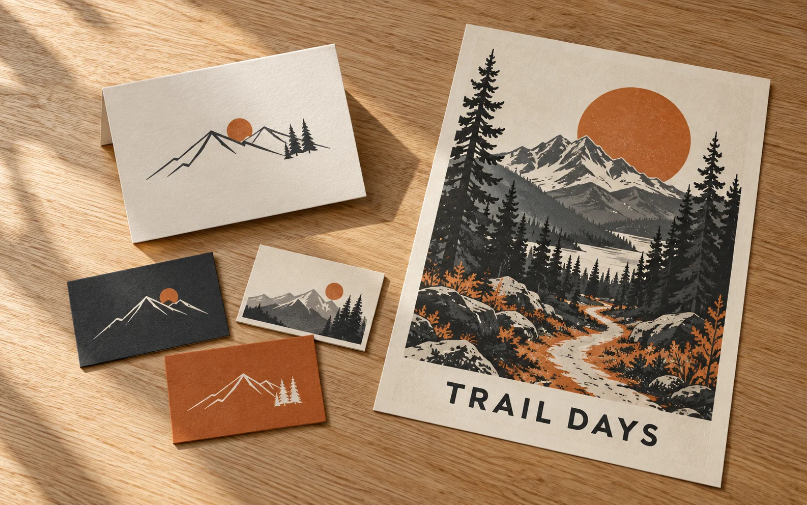 Generated print design concept with cream and charcoal stationery and an illustrated trail poster
